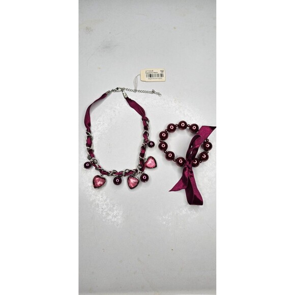 NWT Cranberry Heart Bead, Faux Pearl, Silver Chain Choker Necklace & Bracelet - Picture 4 of 9